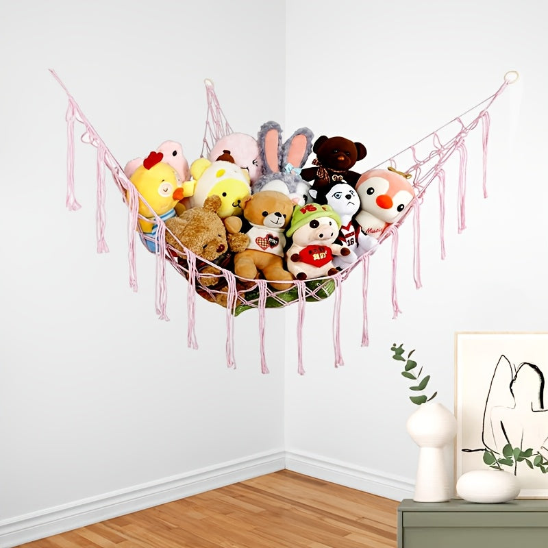 Large blue plush mesh hammock for storing toys in animal-themed corners, can also be used as a wall hanging decoration for plush toys.