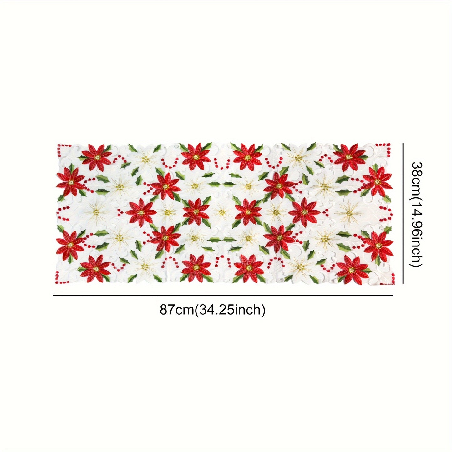 New Christmas printed tablecloths and embroidered table runners in various sizes for table decoration supplies at parties or picnics. Available in 28x43cm, 38x176cm, and 38x220cm.