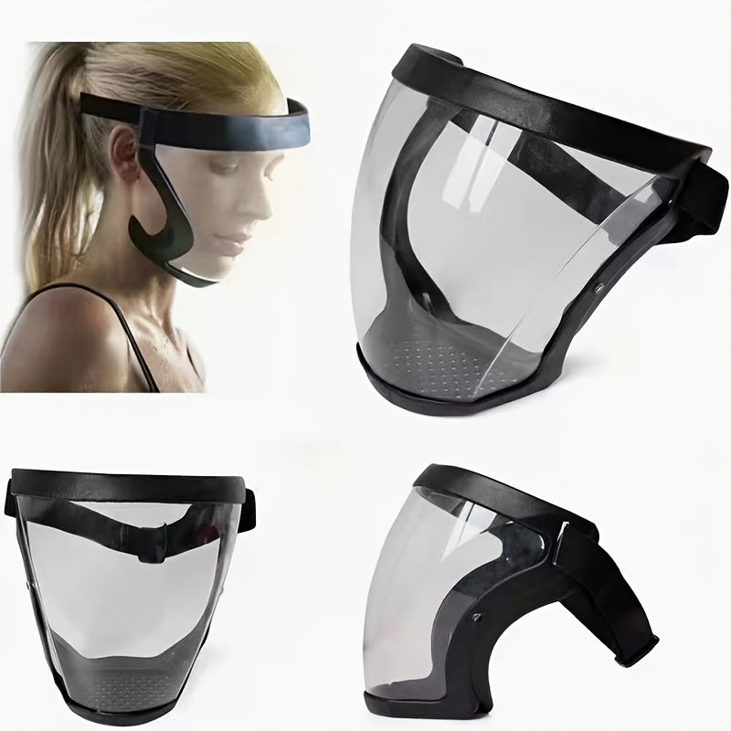 Protective mask for outdoor and kitchen use, made of durable transparent plastic with secure closure.