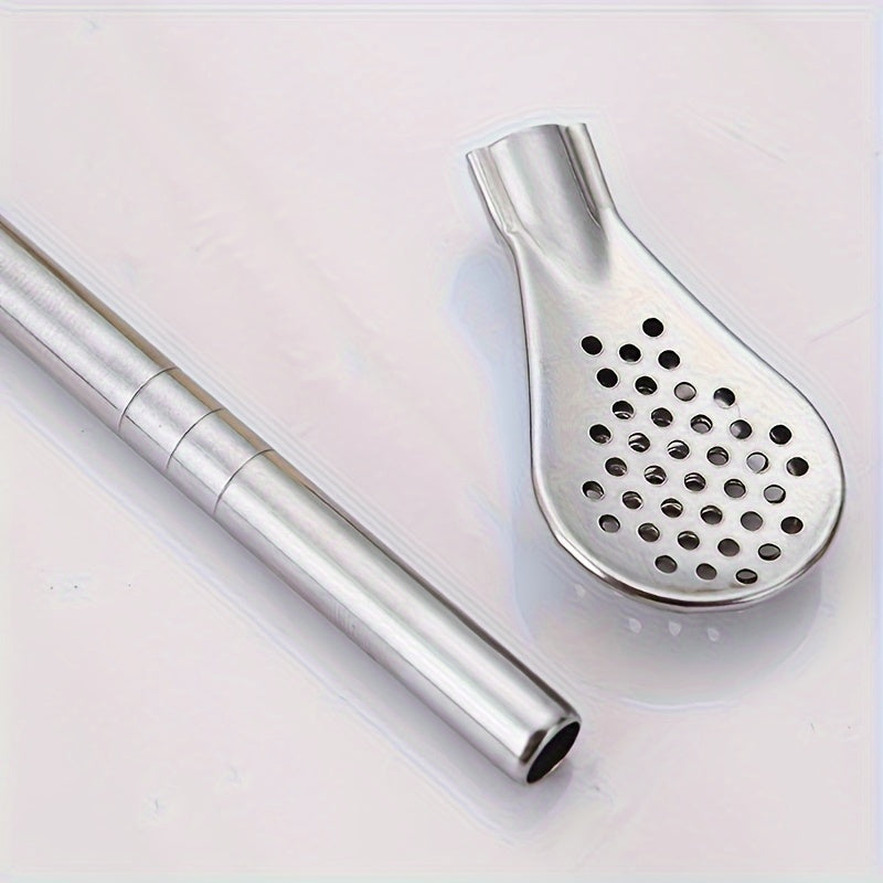 A stainless steel set of three includes a straw spoon, stirring spoon, detachable cleaning straw, juice milk tea filter straw, straw brush, making it the perfect drinking utensils accessories for your kitchen supplies.