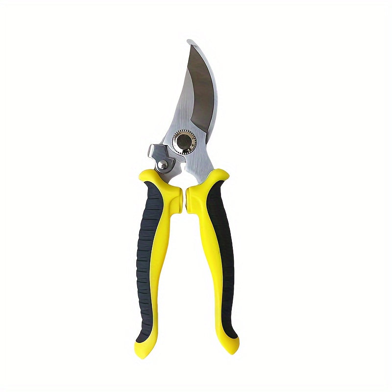 Stainless steel fruit and branch scissors with multi-functional, anti-slip design for labor-saving manual pruning.