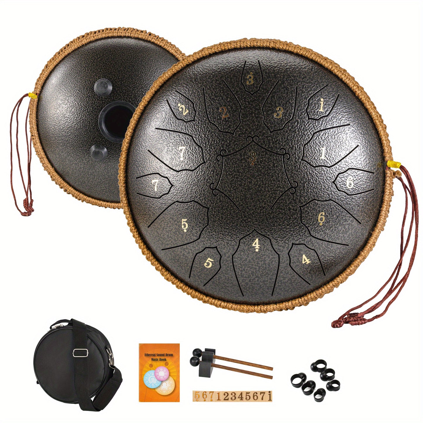 30.48cm D-Key steel tongue drum with 15 notes, carry bag, and accessories for yoga, meditation, concerts, and relaxation.