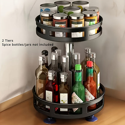 360° Rotating Kitchen Organizer with Adjustable Height - Metal Spice Rack featuring Storage Lazy Susan. This minimalist design offers efficient space management for your kitchen and bathroom. Food contact safe and no electricity needed.