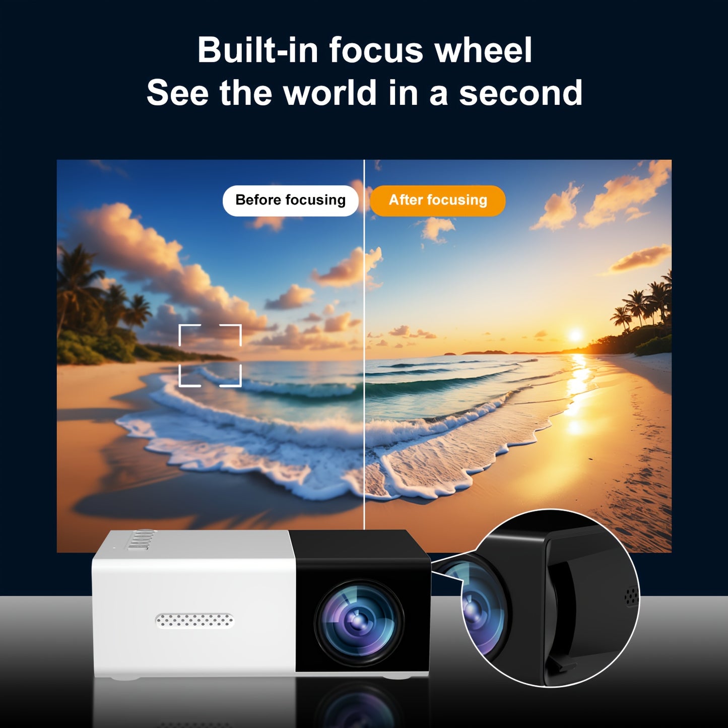 ZRZTM Mini Projector with 1080P HD, built-in speaker, fast focus, portable for multiple devices, 16:9 aspect ratio, 220-240V, remote control, 50-99 lumens, 320P native resolution, ceiling