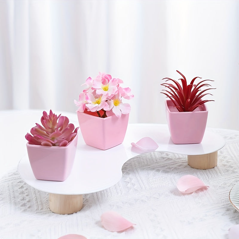 1 set of 3 mini decorative artificial flowers (rose, peach blossom, orchid pink) in small pots, perfect for weddings, home or office decor.