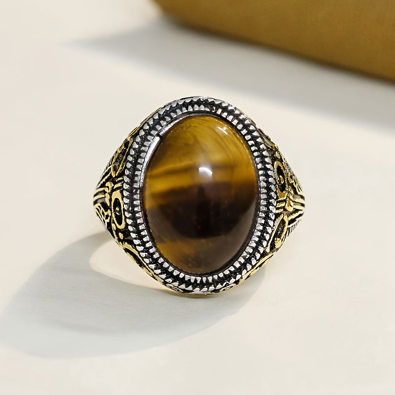 Retro Western Inspired 18K Gold Plated Copper Ring featuring a Beautiful Amber Stone, Open Cuff Design for Men and Women, Perfect for Everyday wear and Travel, Suitable for any Season - Perfect for the Holidays