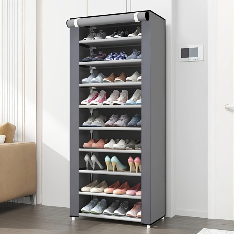 Durable 10-tier shoe rack with 9 compartments made of steel frame and dustproof fabric lining for organizing shoes and slippers. Perfect shoe storage solution for living room.