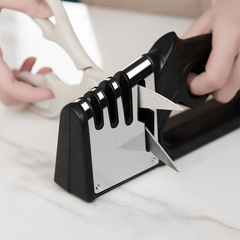 This durable plastic Multi-Stage Sharpener is a 4-Level Manual Knife and Scissor Sharpener that does not require electricity. It is a reusable and multifunctional sharpening tool ideal for use in commercial settings, homes, schools, and RVs.