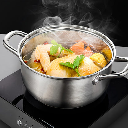 1 Set of 304 Stainless Steel Soup Pot with Lid, Heavy-duty Construction, Even and Fast Heating, Durable Double-layer Bottom, Versatile and Highly Heat Retentive, Suitable for Home, Restaurant, Hotel, Camping, Party Use