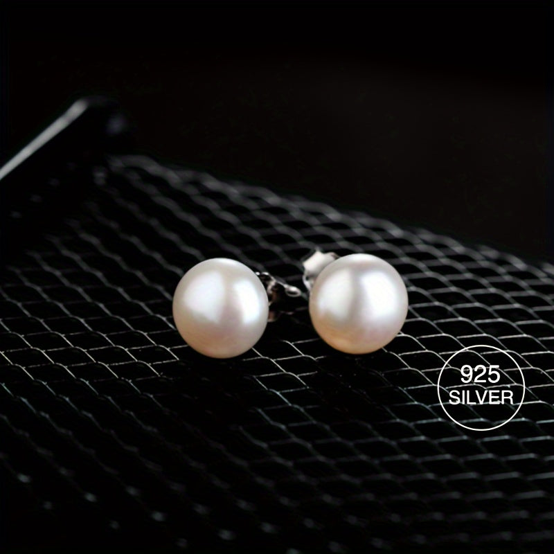 S925 Silver Stud Earrings with Natural Freshwater Pearls - Elegant and Versatile Flat Round Pearl Studs for Daily Wear or Special Occasions