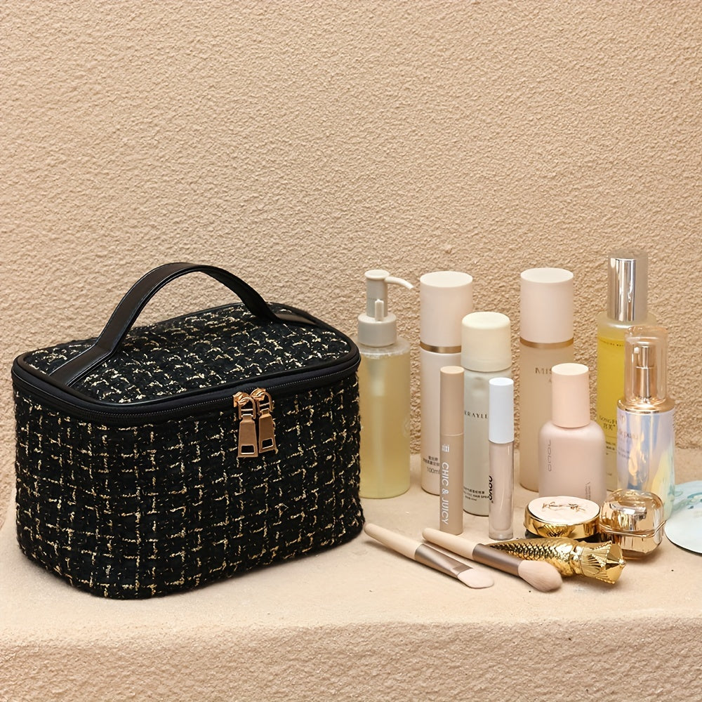 Chic, waterproof cosmetics bag with large capacity and zipper closure for travel or home use.