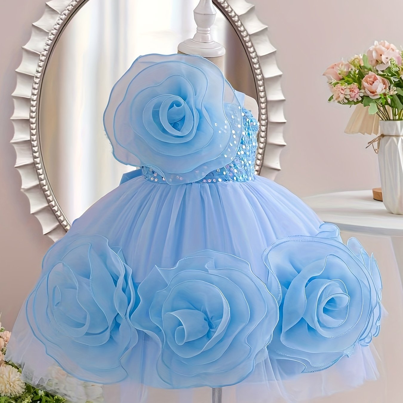 Elegant Flower Decor Sleeveless Mesh Dress for Baby Girls, Ideal for Formal Occasions and Parties.