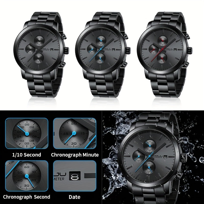 CRRJU Luxury Men's Stainless Steel Quartz Chronograph Watch with Business Style Analog Display.