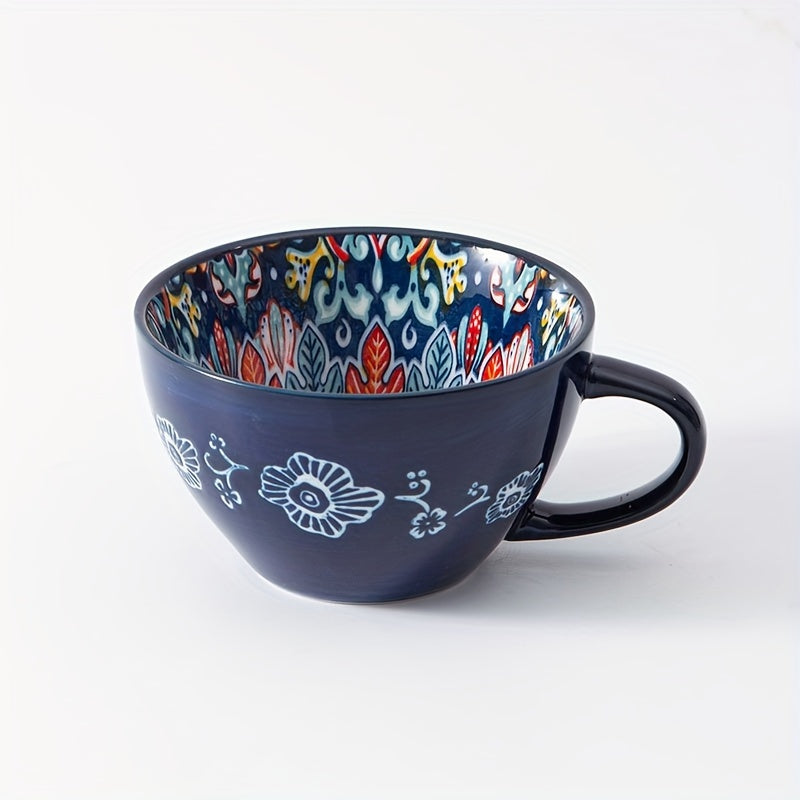 15oz Bohemian style ceramic mug with handle for latte, tea, coffee, cappuccino, cocoa, soup, and oat.