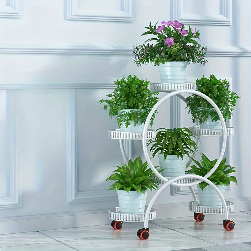 European-style metal hanging plant stand with wheels, multi-level mobile planter rack, circular design for indoors and outdoors.