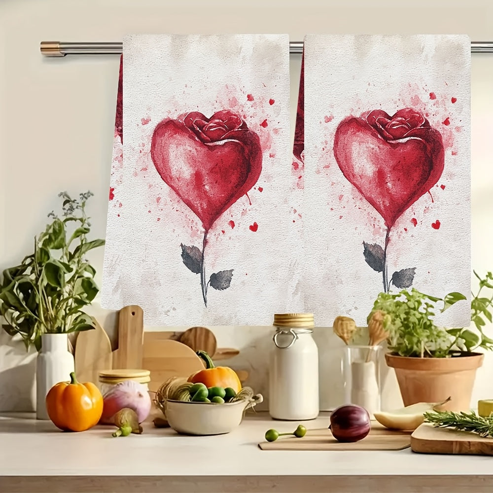 Valentine's Day-themed Kitchen Towels - Set of 2, Ultra Soft with Heart & Rose Design, Highly Absorbent, Machine Washable, 40.64x60.96 cm - Ideal for Romantic Home Decor and Dish Drying.