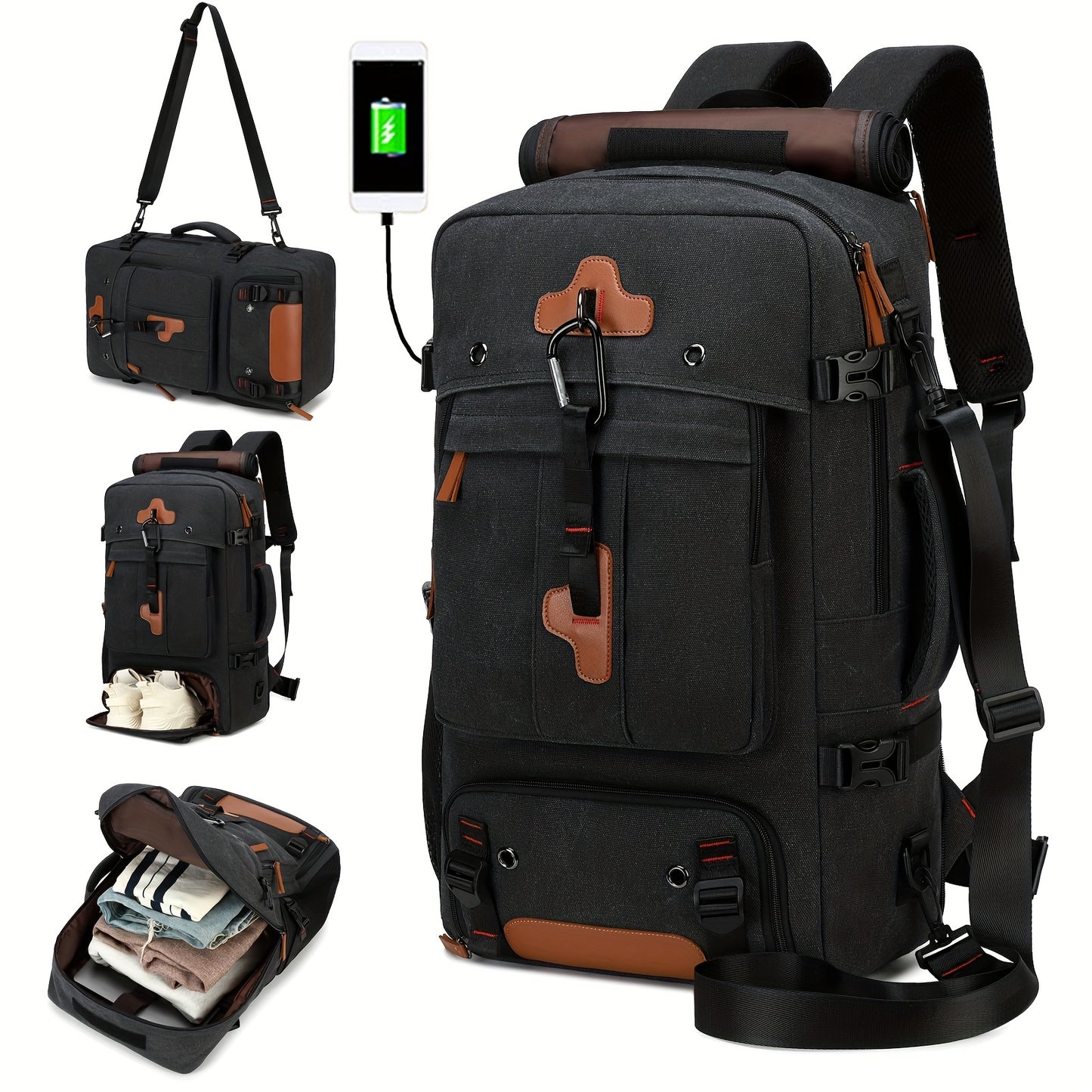 Sleek men's travel backpack with shoe compartment, fits 43.94cm laptop, suitable for casual hiking and business trips.