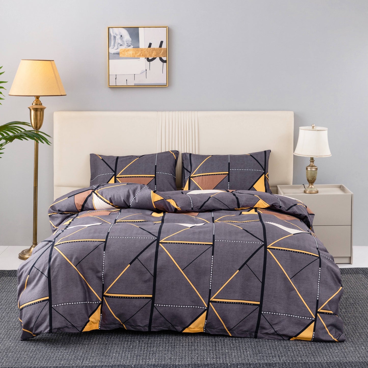 Geometric Pattern Bedding Set featuring a Duvet Cover and 2 Pillowcases made from Breathable All-Season Polyester. Zipper Closure for easy use. Machine Washable with Sanded Craftsmanship and Active Printing. Includes 3 pieces in total.