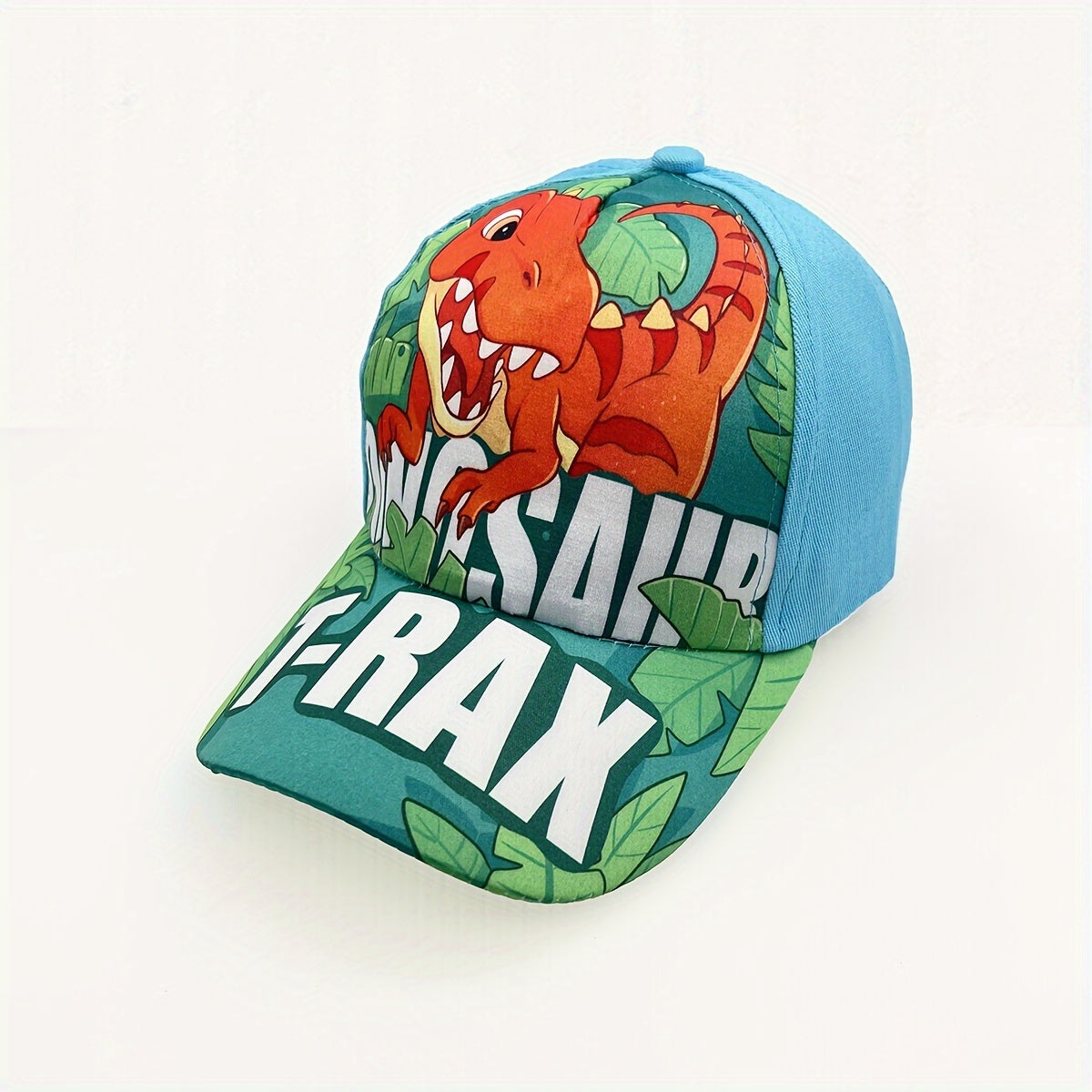 Adjustable cartoon dinosaur print baseball cap for boys and girls.