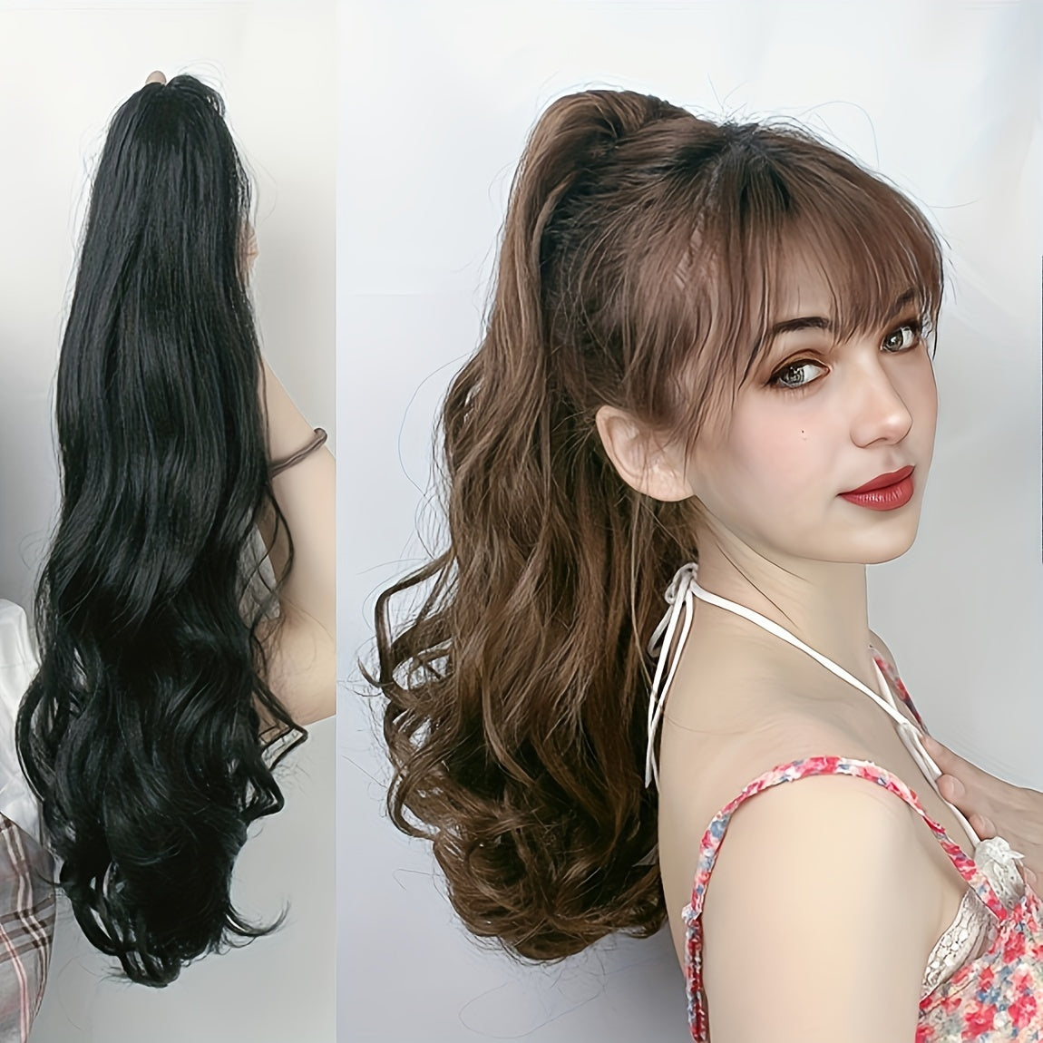 Stylish synthetic ponytail extension with long, curly waves and chic claw clip for women.