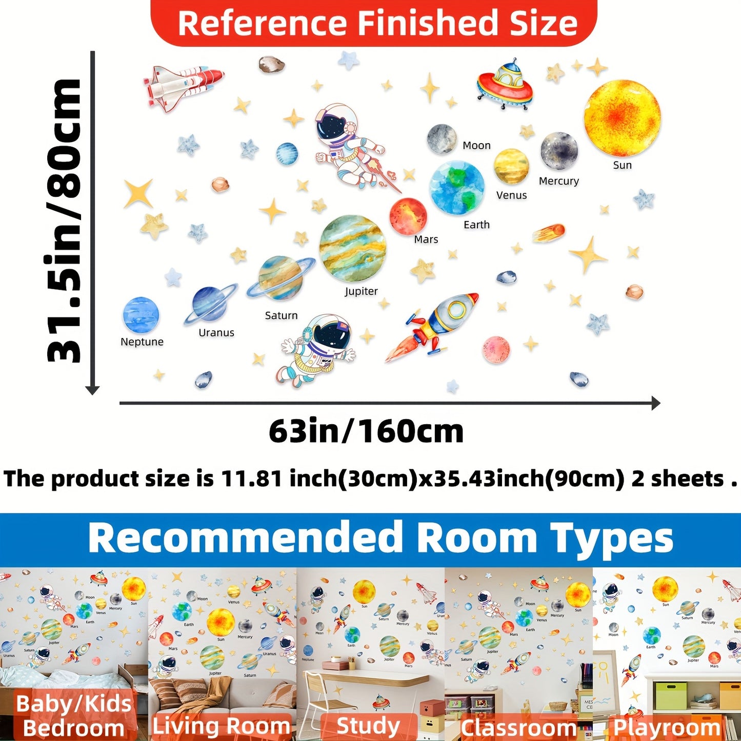 Solar System wall stickers measuring 160.02x80.01cm, featuring astronauts, stars, UFOs, planets, and spaceships. Ideal for room, bedroom, living room, playroom, or classroom decorations.