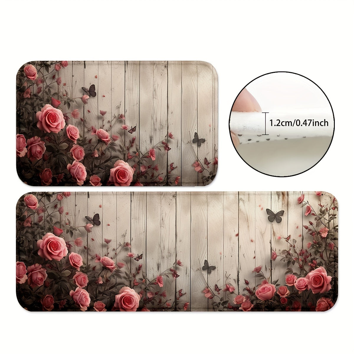 Set of 1 or 2 Rose And Wood Wall Pattern Kitchen Mats, Non-Slip and Sturdy Bathroom Pads for Floors, Soft Standing Runner Rugs, Carpets for Kitchen, Home, Office, Laundry Room, Bathroom, Perfect for Spring Decor