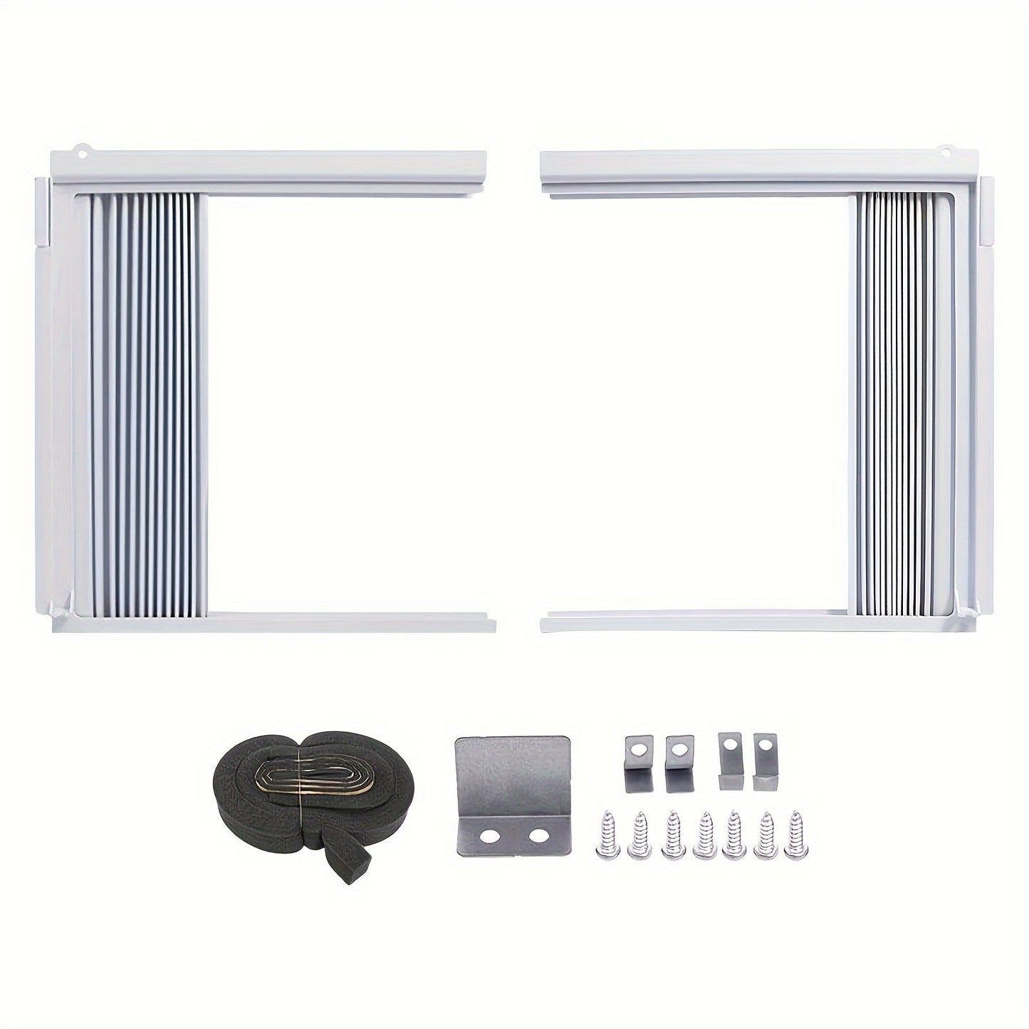 Energy-saving indoor accordion filler curtain set with frame kit - 2 pack of PVC insulation panels for 5,000 BTU AC units, adjustable side panels for windows, no electricity required.