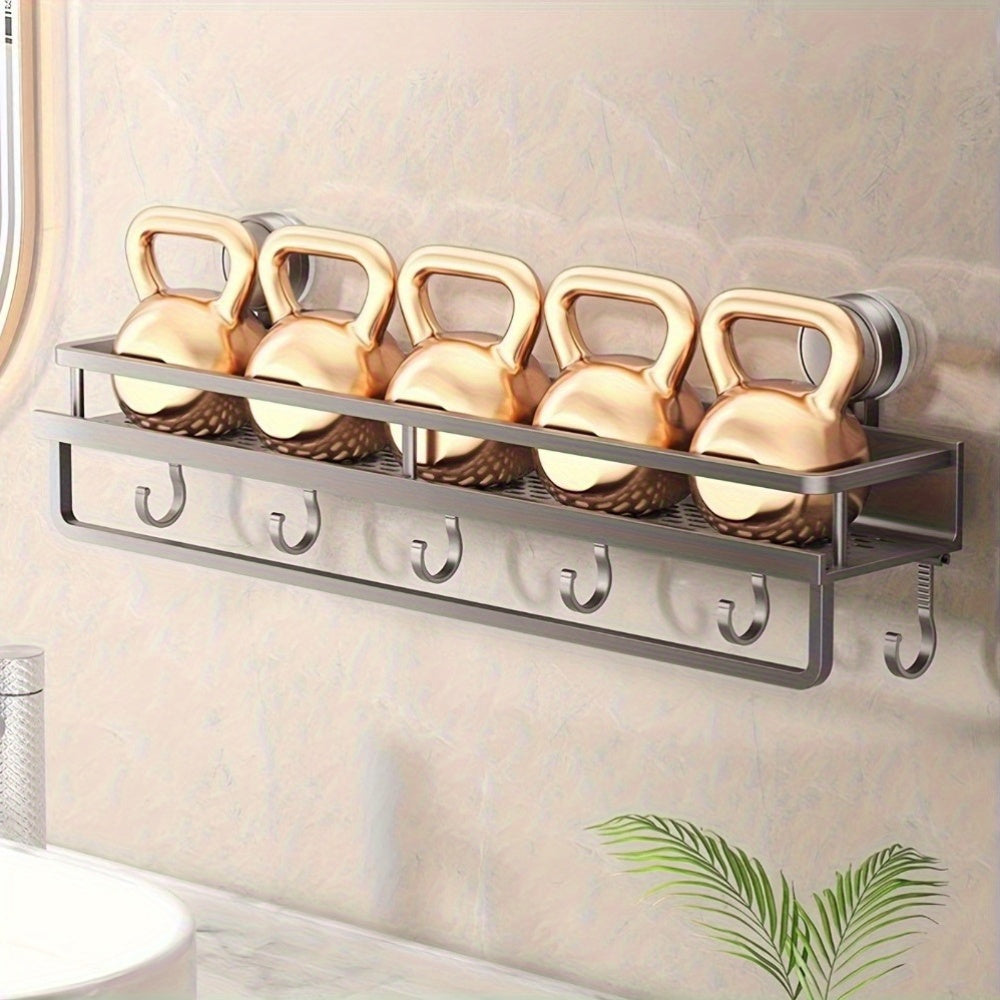 Rustproof wall mount shower caddy with towel hooks, suction cups, and floating shelf for bathroom organization.