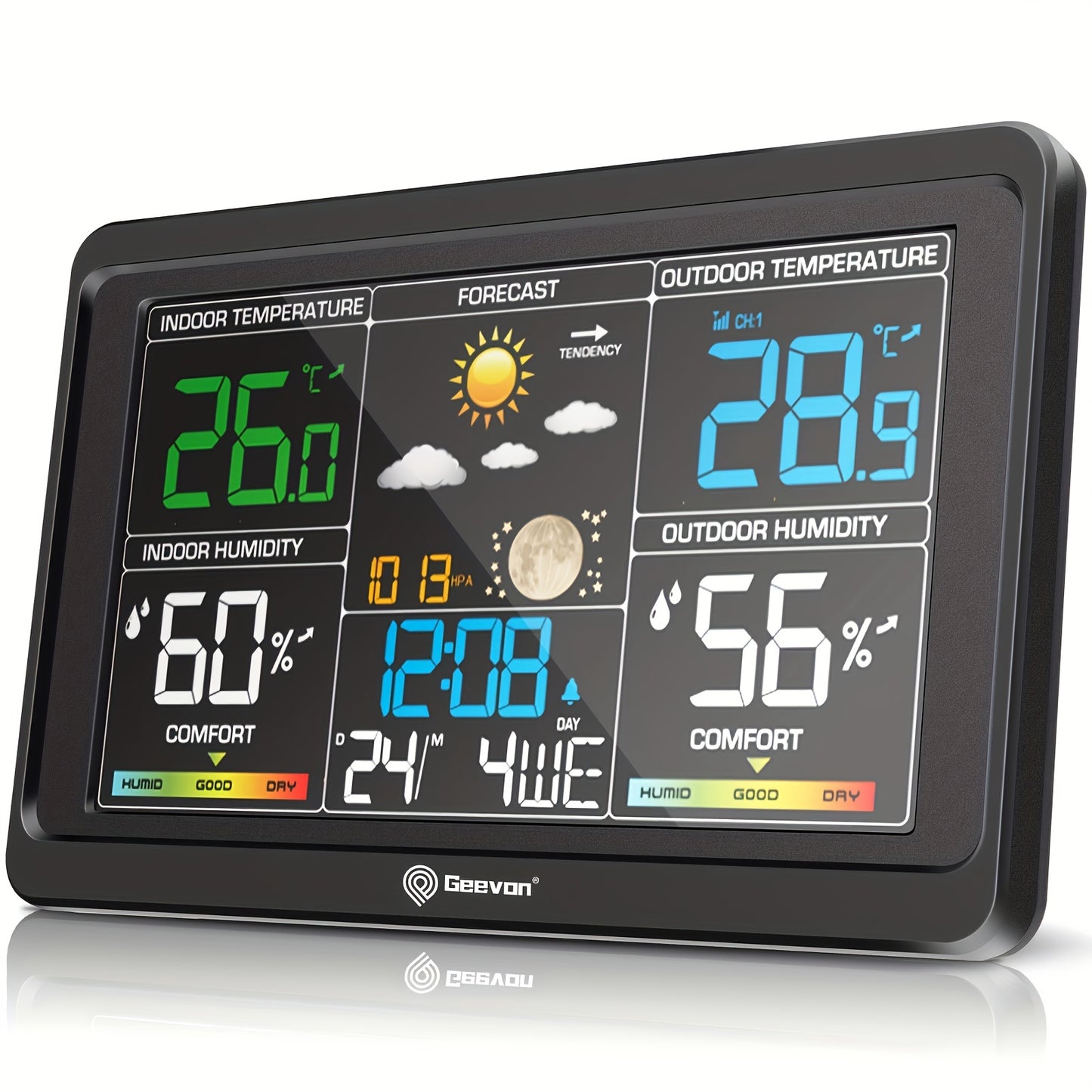 Geevon Wireless Weather Station features a color display and includes an indoor/outdoor thermometer, barometer, calendar, USB charging port, adjustable backlight, and multi-channel support