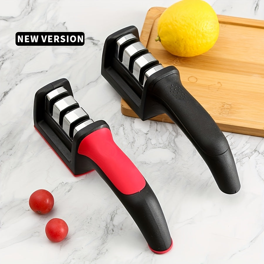 One piece 3-in-1 portable knife sharpener for manual, medium grit metal sharpening. This non-electric professional chef knife honing system is perfect for kitchen cookware accessories.