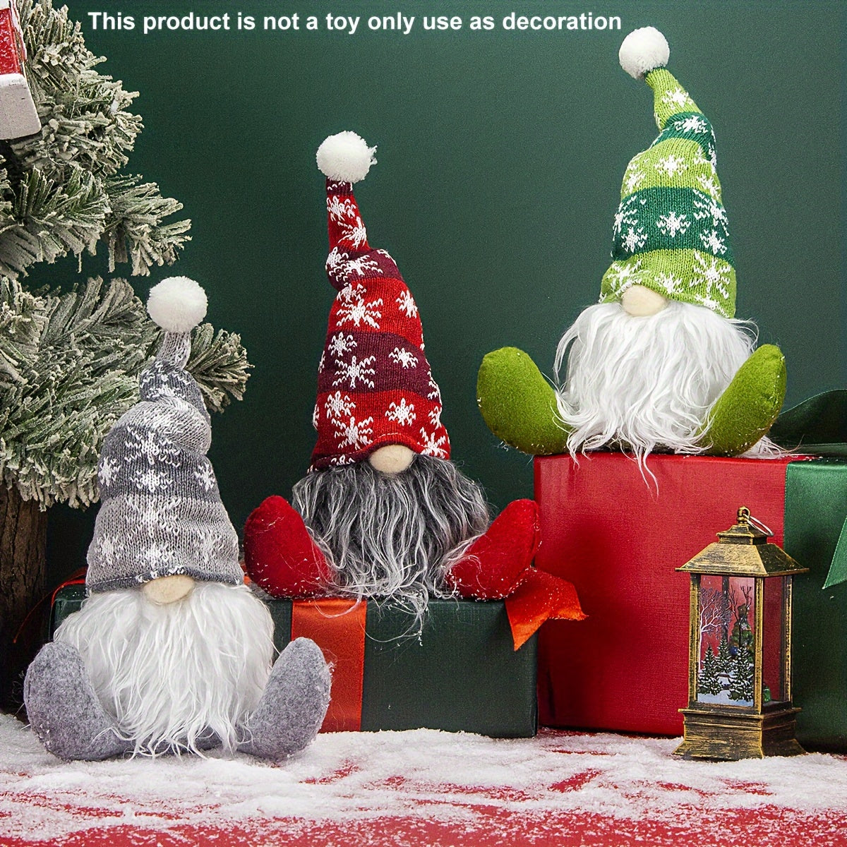 Christmas scene with an old man sitting in a snowflake hat and mustache, surrounded by props and decorations on Christmas Eve.