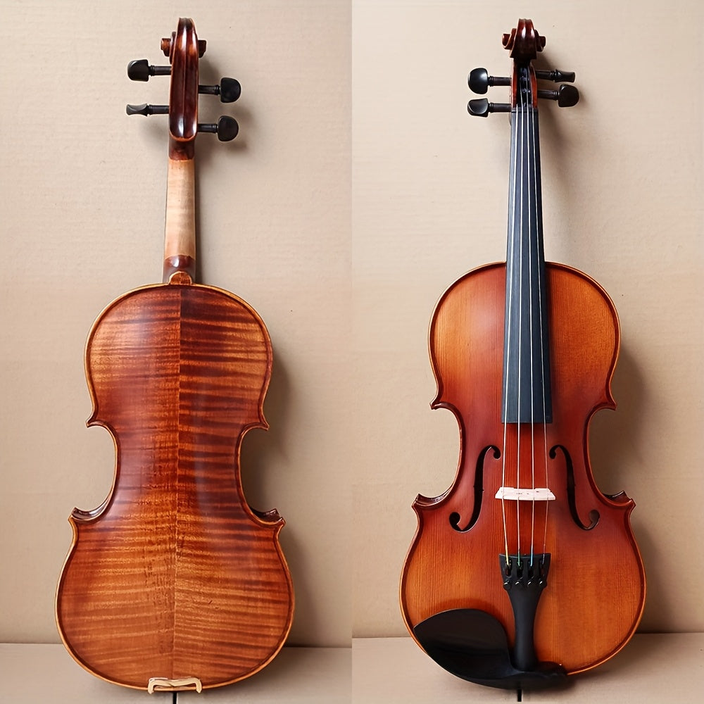 Complete violin ensemble with classic design and fine craftsmanship, includes L&K K-10 Tiger Stripe Maple Wood Violin Set, 4/4 Full Size 1716 Replica, Olive Brown with Spruce Top, Ebony