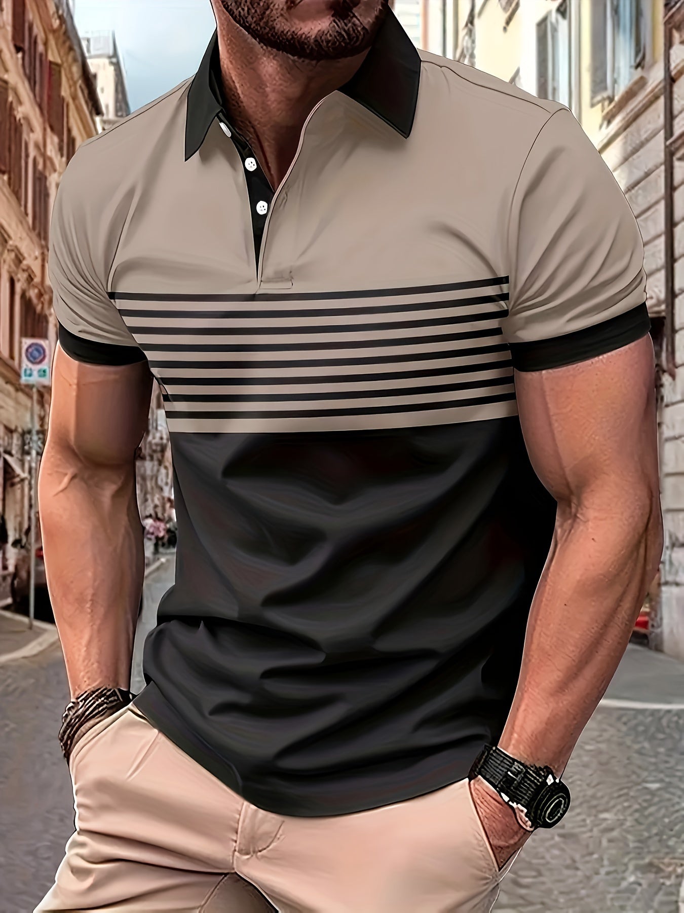 Men's short sleeve shirt with color block 3D print, lightweight polyester blend for golf and summer streetwear, featuring contemporary style and spandex elasticity. Suitable for outdoor