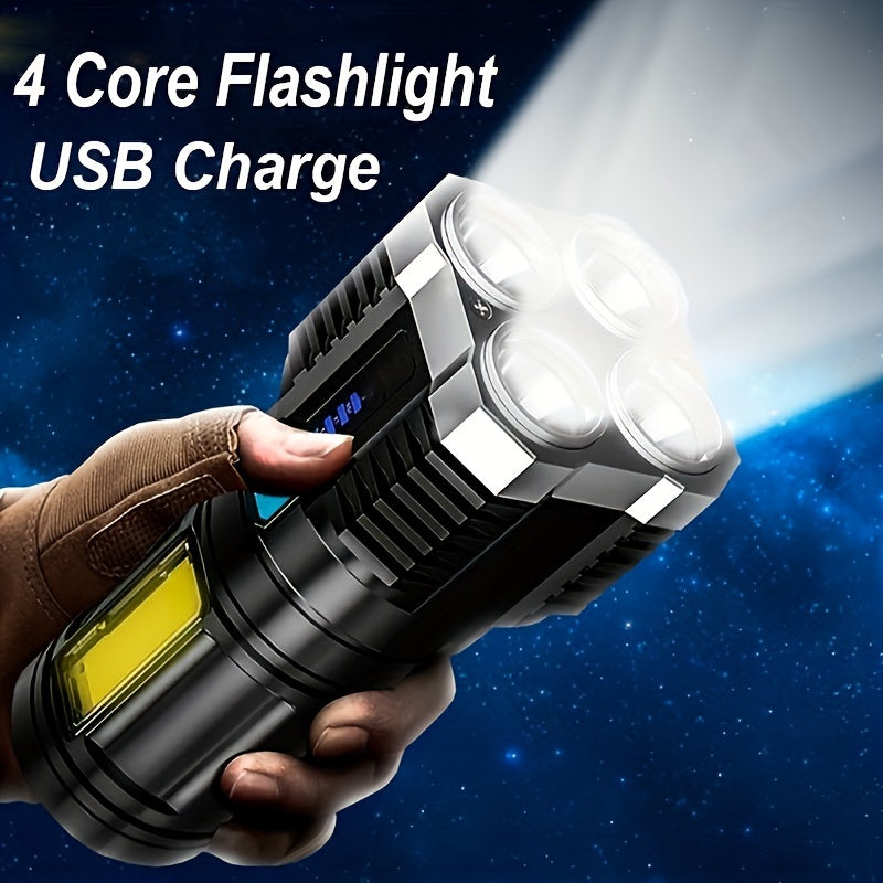 Rechargeable LED flashlight with 400mAh battery, USB powered, includes COB side light, not waterproof, includes USB cable - ideal for outdoor use.