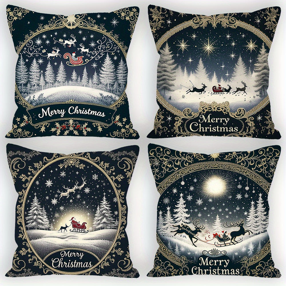 Set of 4 Festive Christmas Throw Pillow Covers featuring Soft Plush Santa & Reindeer Design, Ideal for Decorating Sofas and Cars, Easily Washable in Machine, 45.72x45.72 cm Size, Christmas-themed Pillow Covers