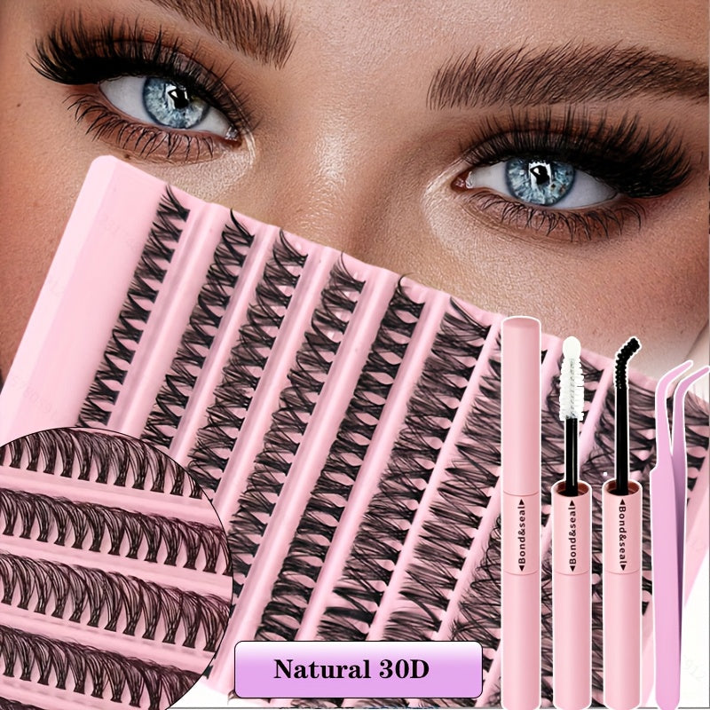 200-piece DIY Eyelash Extension Kit with mixed lengths (8-16mm) in different styles for various makeup looks. Includes natural, thick, extra thick, and cat eye options that are soft