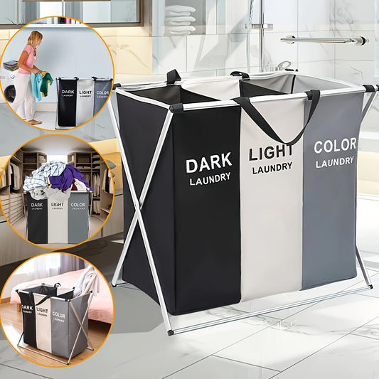 Foldable laundry sorter with 3 sections for dark, light, and colored clothes. Features waterproof Oxford bags, aluminum frame, and floor mount. Ideal for home and dormitory laundry storage.