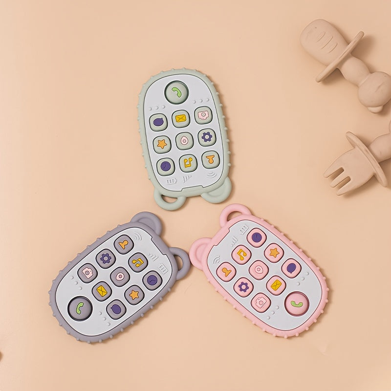 Silicone Teether in a Creative Phone Shape, BPA Free and Soft Textured. Perfect Gift for Christmas, Halloween, Thanksgiving, New Year's, or Valentine's Day.