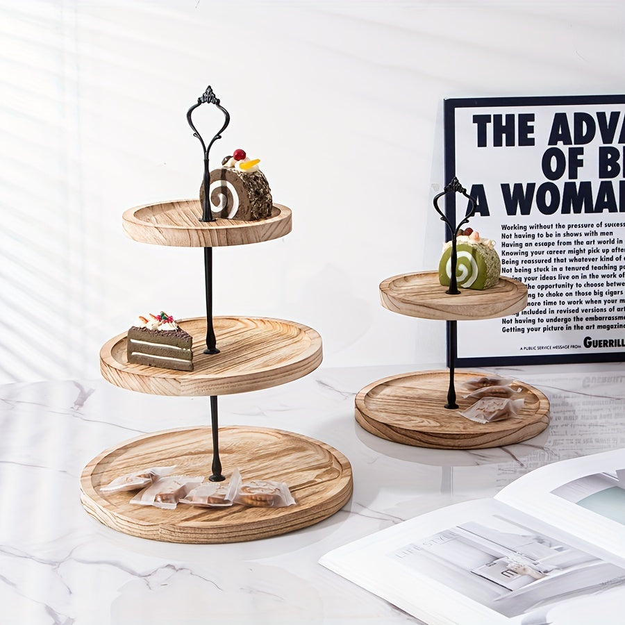 YumiPLUS Rustic Wooden Cake Stand with Iron Accents for Events and Cake Decorating.