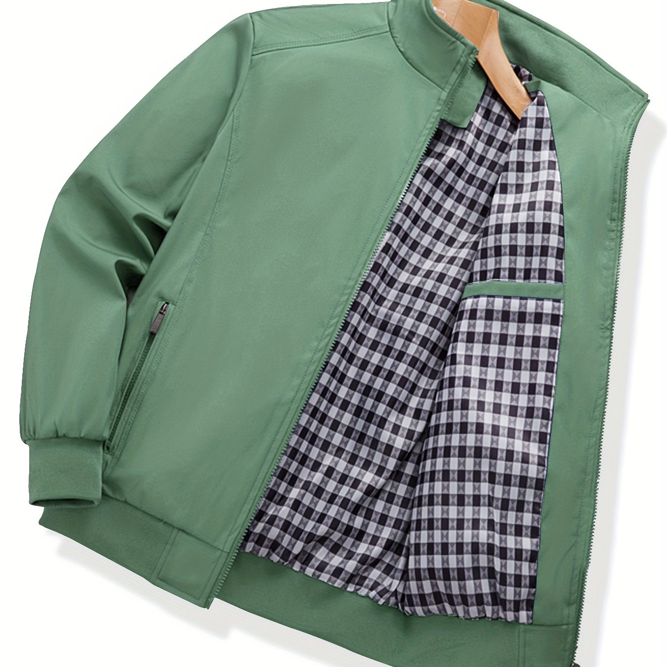 Men's Lightweight Windbreaker Jacket in Solid Gray with Checkered Detail Pocket - Casual Zip-Up with Stand Collar, made of Polyester - Ideal for Spring & Fall