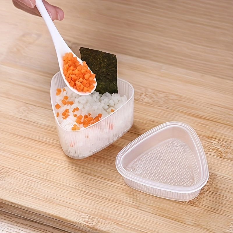 Clear plastic sushi mold with lid for making triangle-shaped rice balls at home or in restaurants. Suitable for beginners and professionals in sushi making.