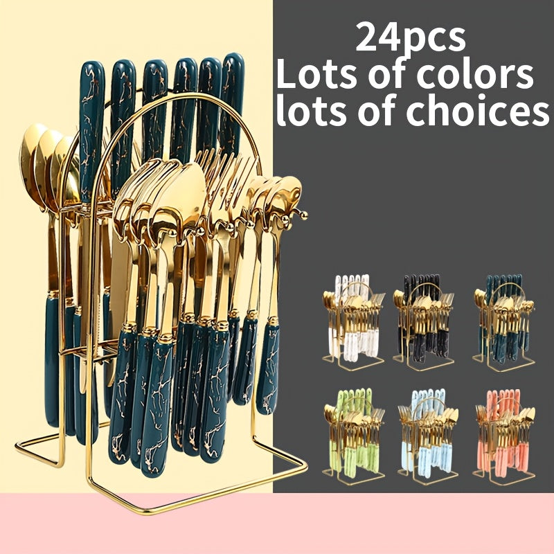 24-piece stainless steel flatware set with ceramic handles, perfect for dining and dessert, includes knives, forks, spoons, and teaspoons - great for home, restaurant, hotel, and kitchen