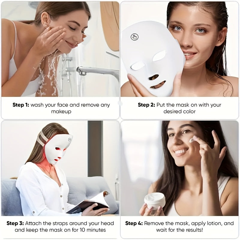 LED facial mask with 7 colors, rechargeable, touch control, unscented, 400mAh battery, USB charging, ideal for both men and women, great festive gift.