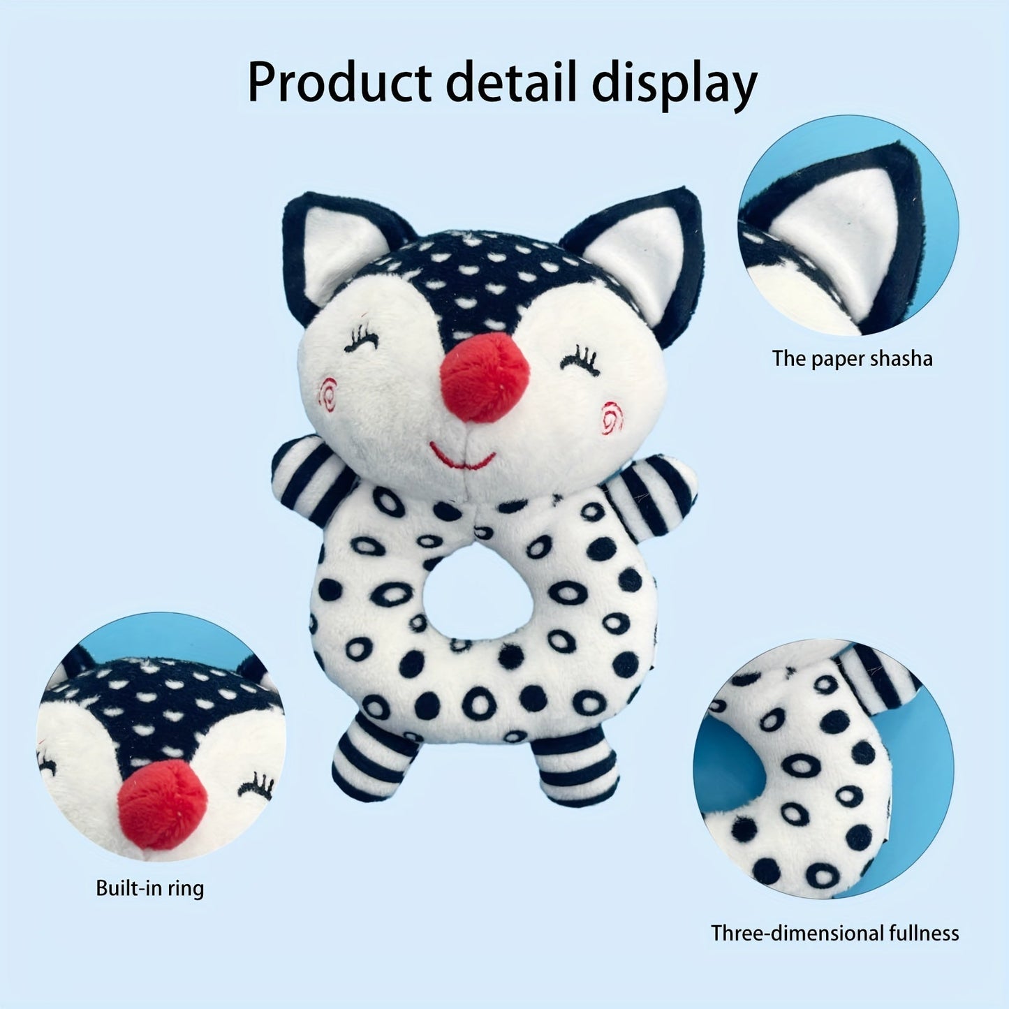 Baby Rattle and Grip Toy Set for Early Education, featuring Elephant and Fox Designs in Black and White. This Handheld Sound Toy is made with durable Polyester Material, ideal for Infants and Toddlers aged 0-3 Years.