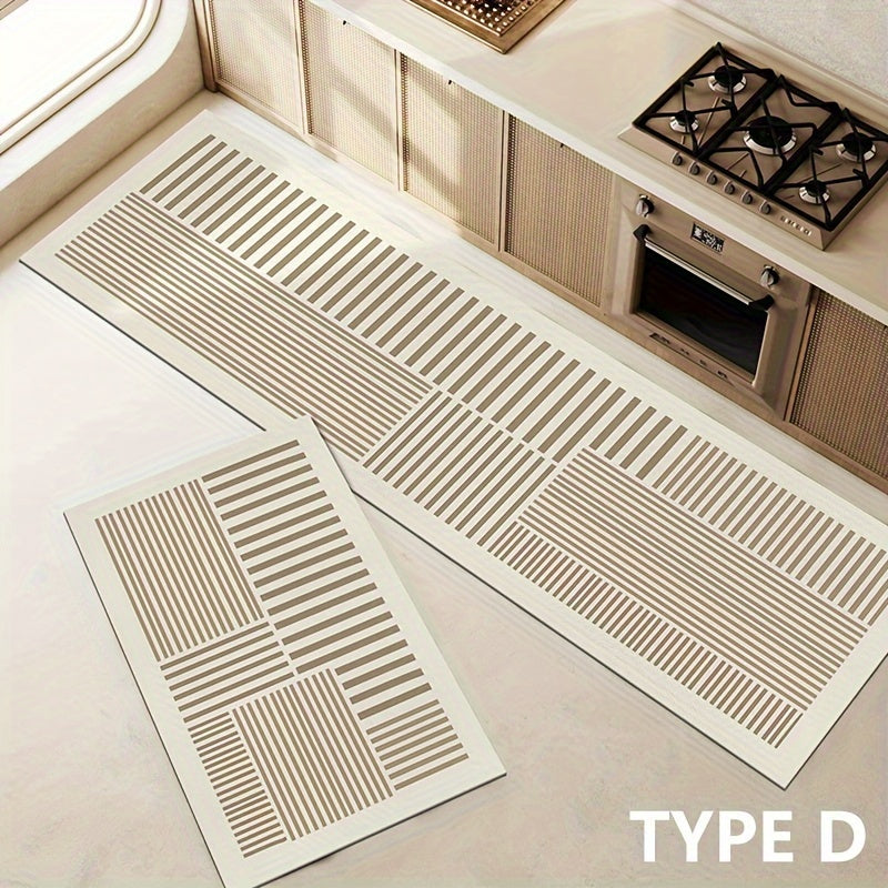 Set of 2 Minimalist Nordic Style Diabetic Earth Carpets in Sizes 50*80cm and 50*160cm. These Household Absorbent Kitchen Striped Floor Mats are 3.5mm thick and provide an anti-slip surface for long-lasting use.