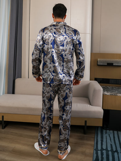 Men's Dragon Totem Print Pajama Set with Pockets includes collared top and pants made of polyester blend with a loose fit for spring/summer/autumn.