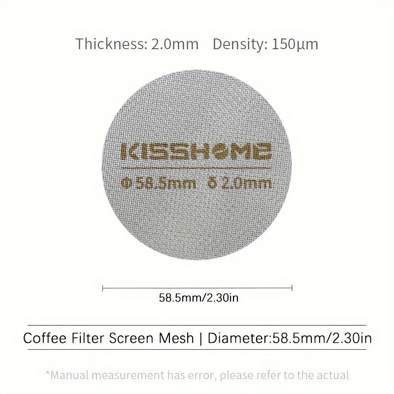 Reusable espresso puck screen made of 316 stainless steel, heat resistant, available in diameters of 51mm, 53.5mm, and 58.5mm. Compatible with Breville machines and 51mm, 54mm, and 58mm portafilters. Includes coffee accessories.