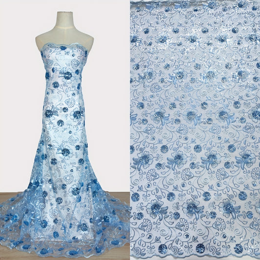 4.57 meter cut of Floral Sequin Tulle Lace Fabric, ideal for bridal gown sewing. Made of 100% Polyester, hand wash only.