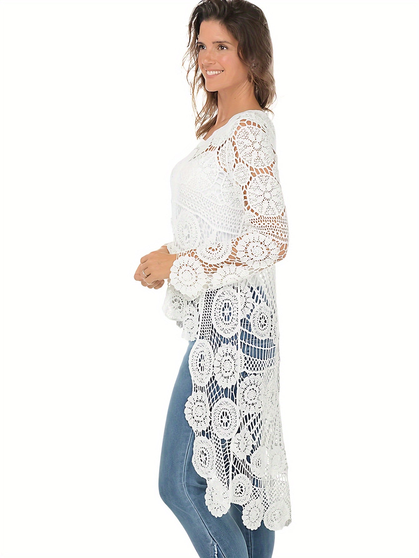 Women's Elegant Crochet Floral Cover-Up with Bohemian Style, Long Sleeve, Round Neck, High-Low Hem Beach Tunic for Swimwear and Resort Wear.