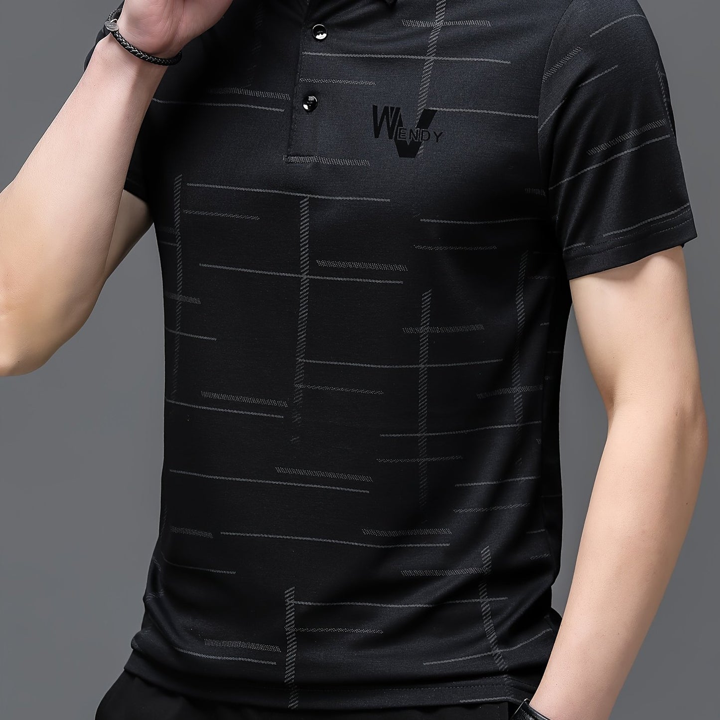 Men's sports shirt with irregular stripe pattern, alphabet print, lapel collar, short sleeves, and suitable for summer outdoor activities.